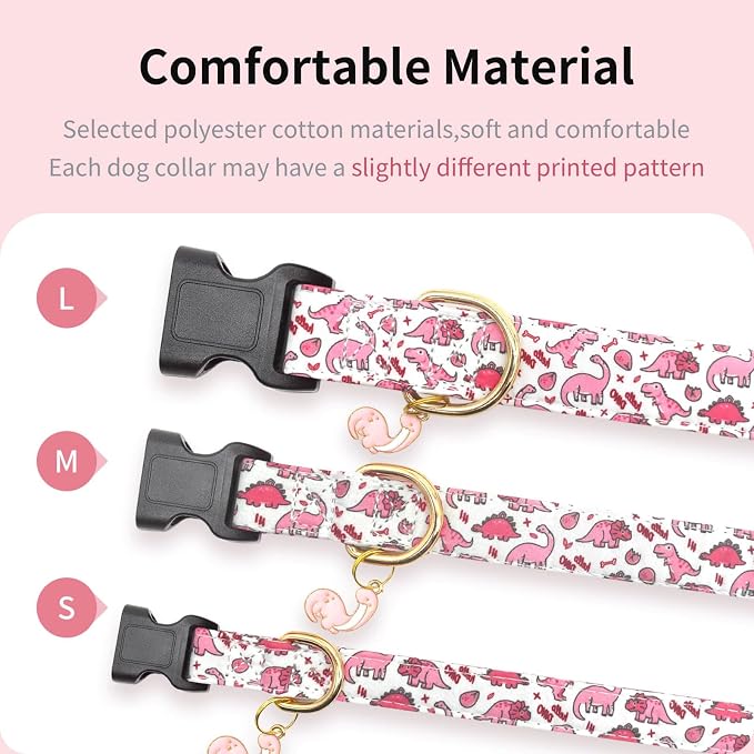 Cotton Dog Collar,Soft and Cute Puppy Collars with Pink Dinosaur Patterned Design for Girl Female Boy Dogs,Adjustable Buckle Pet Collar for Small Medium Large Dogs (Pink Dinosaur, S)