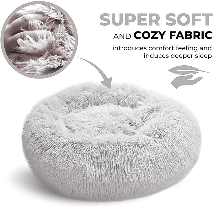 Whiskers & Friends Cat Beds for Indoor Cats, Fluffy Calming Donut Cat Bed, Small Dog Bed Washable - Orthopedic Soft Plush Pet Beds Sized for Kitten to Large Cats & Puppy to Small Dogs - Light Grey C