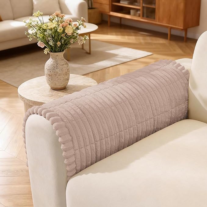 Fuzzy Couch Arm Covers for Dogs Washable, Thick Couch Covers for 3 Cushion Sofa Pet Friendly, Non Slip Plush Dog Couch Cover for for Sectional, Loveseat (Champagne, 17.6" x 17.6")