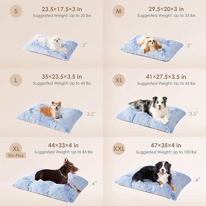EHEYCIGA Fluffy Dog Crate Bed for Large Dogs, Plush Faux Fur Crate Pad, Calming Anti Anxiety Large Dog Bed, Washable Soft Warm Mat with Non-Slip Bottom, Blue
