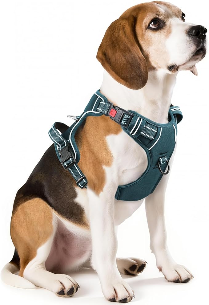 Timos Dog Harness Medium Sized, No Pull Pet Harness with Neck Lockable Snap, No Choke Front Clip Reflective Vest, Adjustable Metal Rings 3 Buckles, Easy Control Handle for Medium Dogs Blackish Green M
