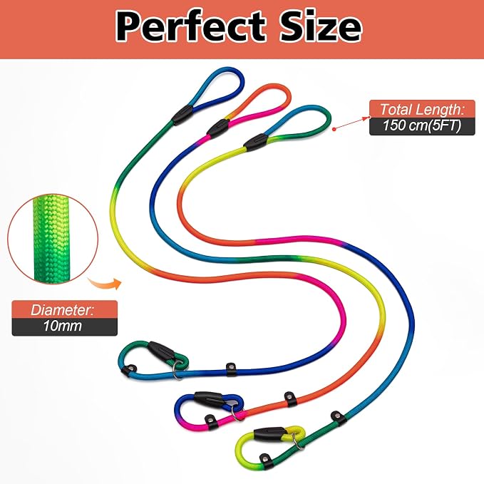 FOVRLZSE 3-Pack Adjustable Rainbow Dog Slip Leads Multi-Color, 5FT Reflective Nylon – No Collar Needed, No-Pull, Ideal for Small/Medium Dogs (Training/Walking)