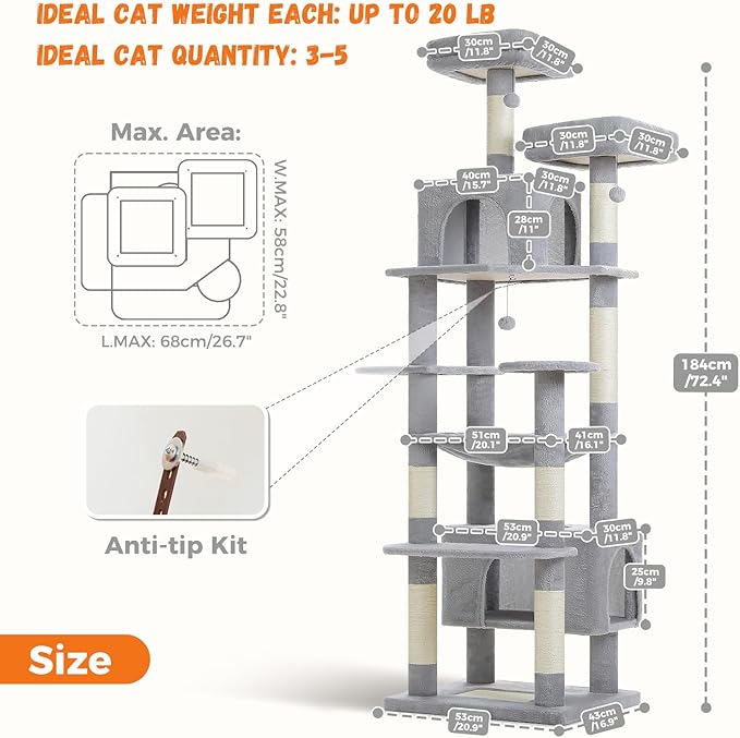 PAWZ Road Large 72 Inch Cat Tree and Tower for Indoor Cats - With Sisal-Covered Scratching Posts, Padded Perches, Condos, and Basket - Gray
