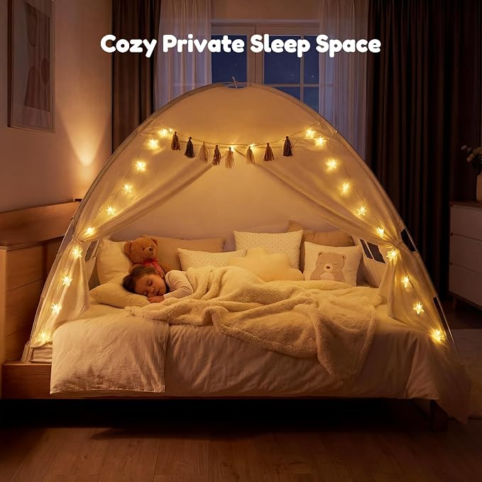 Gorich Twin Bed Tent for Kids, Indoor Privacy Toddler Sleeping Canopy with Mesh Window, Fits Bunk or Floor Bed, Include Star Lights & Tassels, Cozy Playhouse for Boys Girls Birthday