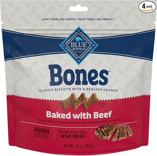 Blue Buffalo Bones Natural Crunchy Dog Treats Mini Dog Biscuits Beef, 12oz. Bag, 4 Count