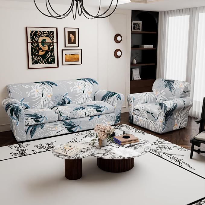 Stretch Couch Covers, Floral Printed Sofa Covers,2 Piece Armchair Slipcover with Separate Sect Cover,Washable Sofa Slipcover, Pet Friendly Furniture Protector Fit for Home (Armchair,Lily Flower)