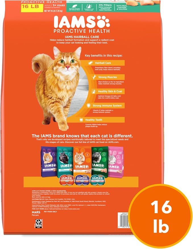 IAMS Proactive Health Dry Cat Food Hairball Care, Adult Cat Food, with Real Chicken and Salmon, 16 lb. Bag