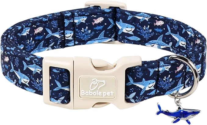 Blue Shark Dog Collar, Cute Boy Dog Collars for Large Dogs - Summer Ocean Pattern Female Male Dogs Collar, Durable Adjustable Pet Cartoon Collars with Quick Release Buckle L