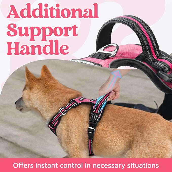 rabbitgoo Dog Harness for Large Dogs, 3 Buckles Easy On & Off No Pull Pet Vest, Soft Padded Walking Pet Harness with Control Handle, Adjustable and Reflective, Pink, XL