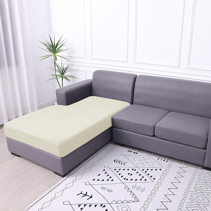 hyha Waterproof Couch Cushion Covers, Sectional Sofa Cushion Slipcovers L Shape, Thick Stretch Jacquard Fabric, Washable Chaise Lounge Cover with Elastic Bottom (1 Piece for Chaise, Cream White)