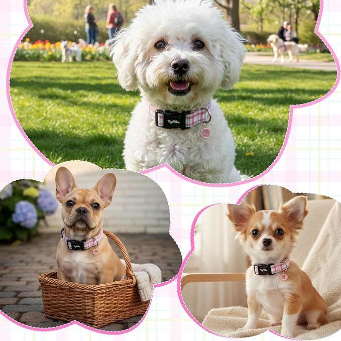 Dog Collar with Pink Plaid Patterns, Spring Summer Collection Dog Collar with Exquisite Pendant, Durable Adjustable Collars for Gifts & Daily Use-S