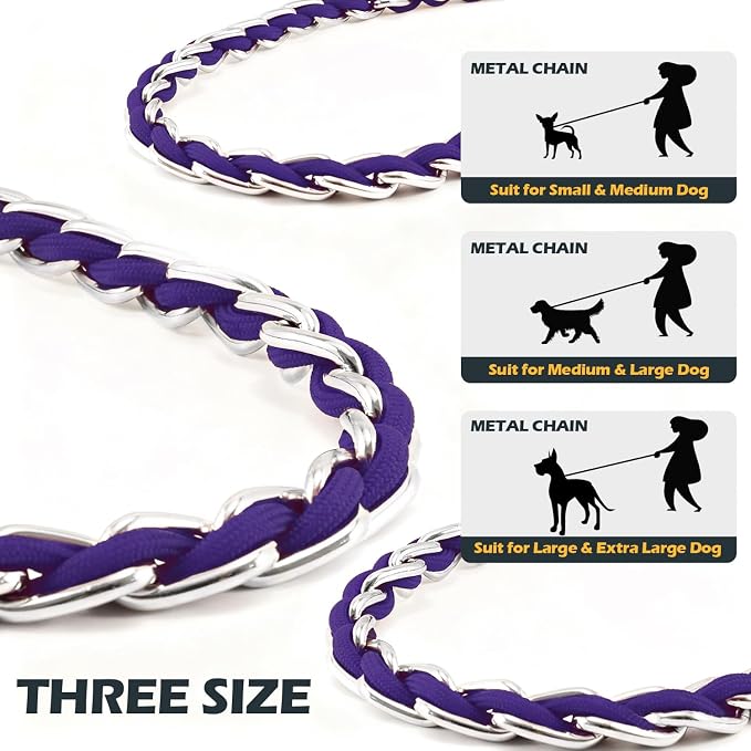 Chain Dog Leash Chew Proof Metal Leash for Medium Large Dogs, Chain Link Dog Anti Chew 5.2FT / 4FT Strong Anti Bite Comfortable Soft Padded Handle (Purple, 5.2FT(30-80lb))
