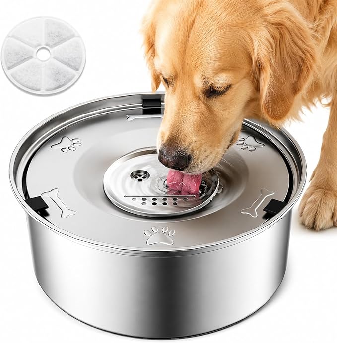 Dog Water Bowl No Spill, 3L/101oz Stainless Steel Slow Feeder Dog Bowl with Floating Disk, Spill Proof Dog Water Bowl Dispenser for Messy Drinkers, Anti Splash Large Dog Bowl with Filter
