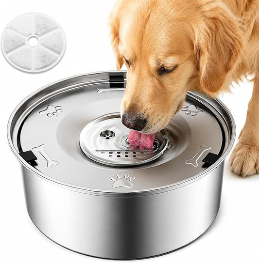 Dog Water Bowl No Spill, 3L/101oz Stainless Steel Slow Feeder Dog Bowl with Floating Disk, Spill Proof Dog Water Bowl Dispenser for Messy Drinkers, Anti Splash Large Dog Bowl with Filter