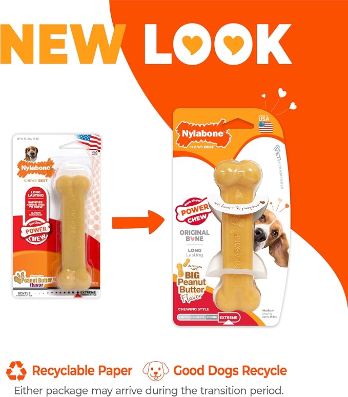 Nylabone Power Chew Classic Bone Chew Toy for Dogs, Durable Dog Toys for Aggressive Chewers, Peanut Butter Flavor, Medium/Wolf - Up to 35 lbs. (1 Count)