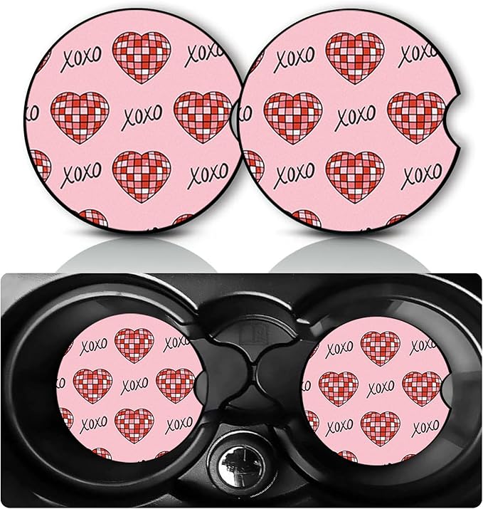 2Pack Pink Heart XOXO Car Cup Holder Coaster,Valentine's Gifts for Women Men,Vehicle Interior Drink Mat Reusable Neoprene Car Coasters for Cup Holders Decor,Hearts Automotive Accessories