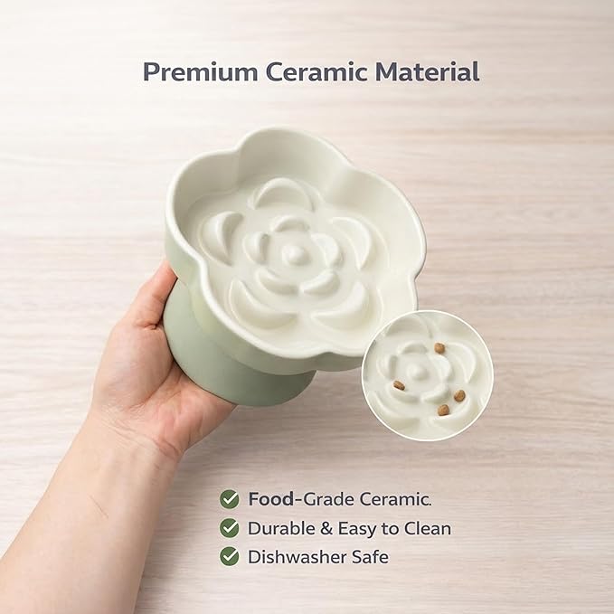 Ceramic Elevated Slow Feeder Cat Bowl, Raised and Gently Tilted Feeding Dish with Maze Design, Whisker-Friendly, Easy to Clean, for Indoor Cats and Small Dogs (Green/Ivory)