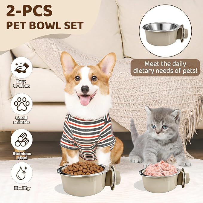 2Pcs Pets Lightweight Stainless Steel Bowl,Removable Stainless Steel Pet Hanging Food Water Feeder Bowl for Puppy Dog Cat Rabbit Ferret Bird Gunea Pigs (Medium)