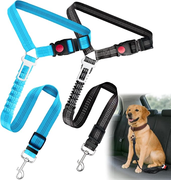 2-Pack Dog Car Seat Belt, 3-in-1 Headrest-Mounted Dog Seatbelt for Car, Adjustable Nylon Pet Safety Leash with Elastic Buffer & Reflective Stitching, Durable Car Harness for Dogs Fits Most Vehicles