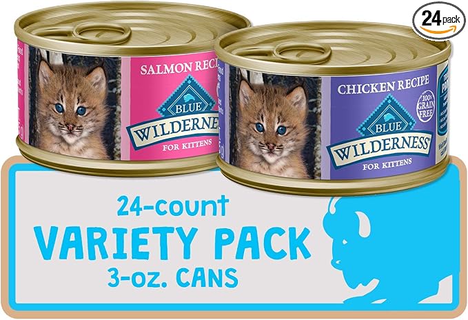 Blue Buffalo Wilderness High Protein Grain Free, Natural Kitten Pate Wet Cat Food Variety Pack, Chicken, Salmon, 3-oz Can, 24 Count