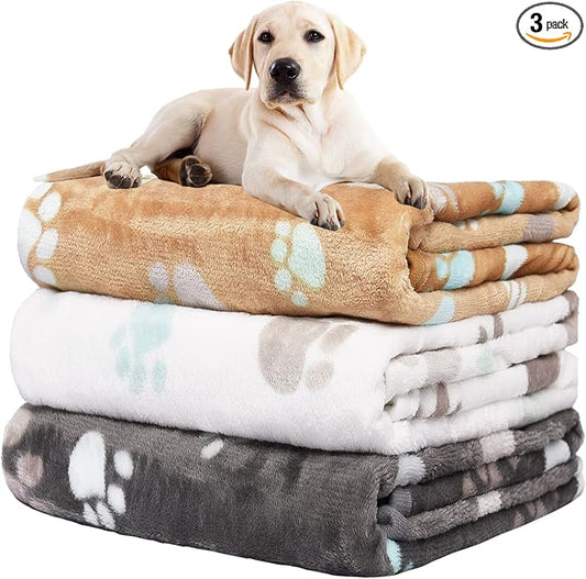 Rezutan Dog Blanket for Large Dogs, Upgraded 3 Pack Dog Cat Flannel Blankets Washable, Soft Pet Mat Throw Cover Suitable for Kennel Crate Bed, Cute Paw Pattern, Grey/Brown/White, 31" x 41"