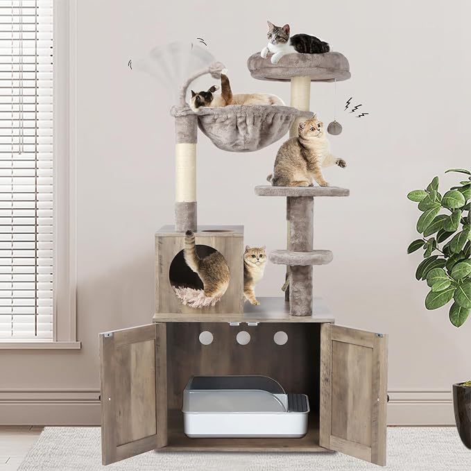 Timberer Cat Tree with Litter Box Enclosure, 2-in-1 Cat Tower for Indoor Cats, Large Wood Cat Condo with Basket, Scratching Posts, Pompoms, Grey