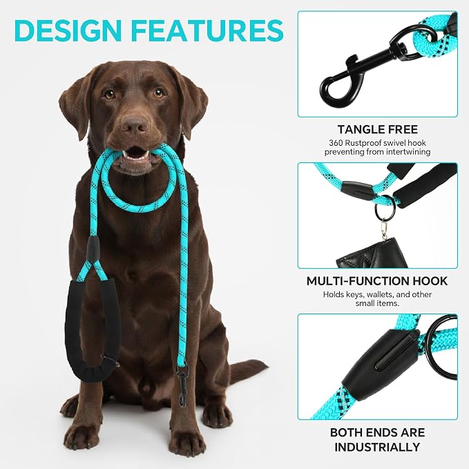 Heavy Duty Dog Leash - 4.9 FT for Large and Small Dogs - Strong Nylon, Comfortable Handle, Reflective Stitching - Ideal for Walking, Training, and Outdoor Activities, Turquoise