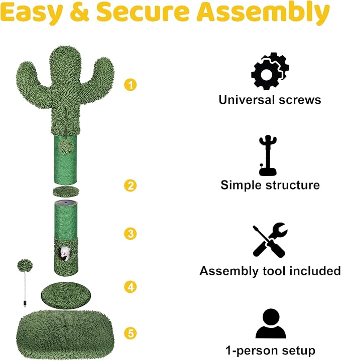Tall Cat Scratching Post for Indoor Cats Adults, Cat Scratch Post with Sisal Rope Claw Scratcher, Solid Wood Cat Tower with Scratching Post and Cat Toys Mouse Hole,Cactus Small Cat Tree(Green Cactus)