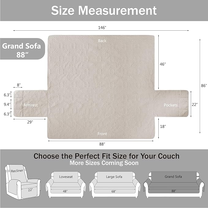 Quilted Beige Grand Sofa Couch Covers, Soft Cozy Couch Protector for 4 Cushion Couch, Cover for Super Large Sofa, Oversized Grand Sofa Slipcovers Water-Repellent (Grand Sofa 88", Beige Cream)