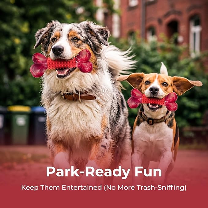 2-Pack Tough Dog Toys for Aggressive Chewers: Beef Flavored Long Lasting Dog Bones for Large Dogs, Heavy Duty Nylon & Rubber Dog Chew Toys to Keep Them Busy, Medium & Large Breed, Red