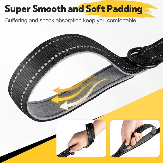 2-Handle Dog Leash Heavy Duty, Traffic Control & Night Safety Reflective Lead for Mid Large Dogs, Comfort Padded Grip Dog Leashes for Walking and Training(6 FT x 1" Wide Black+Grey)