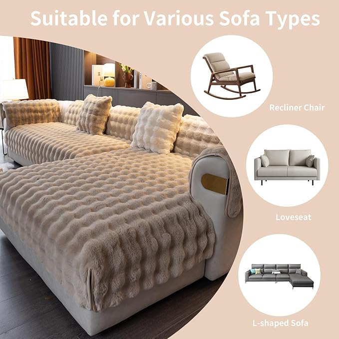Faux Fur Couch Cover, Soft Warm Plush Sofa Couch Cover, Non Slip Sectional Sofa Slipcovers, Washable Furniture Protector for Kids, Dogs, L Shaped Armrest Backrest Cover(Khaki, 36"x 36")