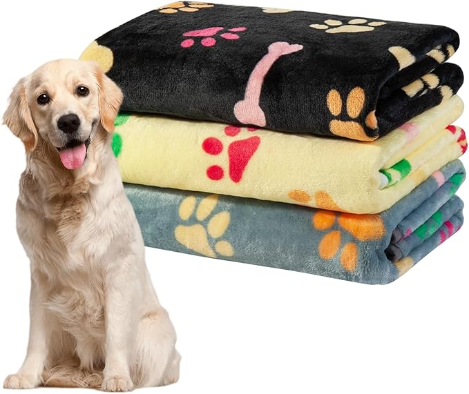 Dono 1 Pack 3 Dog Blankets, Soft Fluffy Fleece Pet Blanket Warm Sleep Mat Paw Print Design Puppy Kitten Throw Blankets Doggy Blanket for Dogs