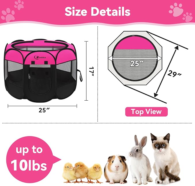 Siedihit Dog Playpen, Puppy Pet Playpens Indoor for Small Dogs Tent Crates Cage Indoor/Outdoor, Portable Pop Up Dog Kennel Playpen with Carrying Case for Dogs/Cats/Rabbits, Hot Pink