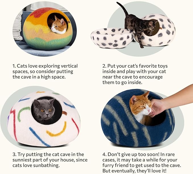 MEOWFIA Cat Cave – Premium Felt Cat Enclosure for Indoor Cats, Handmade Merino Wool (Ivory Rainbow, Large)