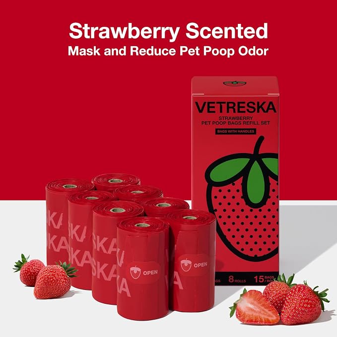 VETRESKA Dog Poop Bags with Handles 120 Count, Strawberry Scented Waste Bags, Leak-Proof Thick Dog Bags for Poop, Easy-Tie Large Poop Bags, 8 Refill Rolls for Dog Walking Cat Litter
