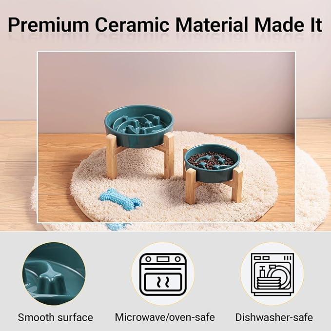 Ceramic Slow FeederDog Bowl for Medium Large Dogs,Heavy Weighted,Puzzle Eating Bowl Modern Maze (Stars Mark-Forest Green, 8.66in)