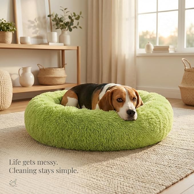 Calming Dog Bed for Medium Dogs Washable Donut 30 inches Anti-Slip Pet Bed,Round Fluffy Plush Faux Fur Cat Bed,Fits up to 45 lbs Pets,Grey