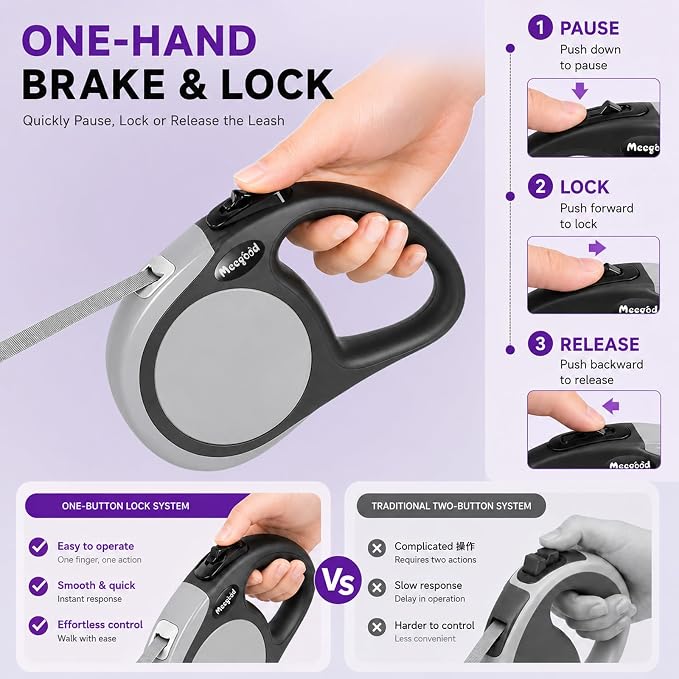 Heavy Duty Retractable Dog Leash-16ft Strong & Durable Walking Leash for S to L Dogs up to 45/115 lbs, Upgraded Lock System, Non Slip Grip, Tangle Free (Grey, Medium-Large Sized)