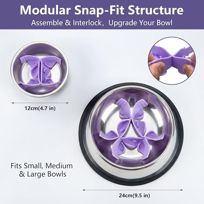 Silicone Dog Slow Feeder Bowl Insert with Suction Cups, Cuttable Food-Grade Lick Mat Divider Fits Stainless Steel Ceramic Glass Dog Bowls, Helps Slow Down Eating, Purple