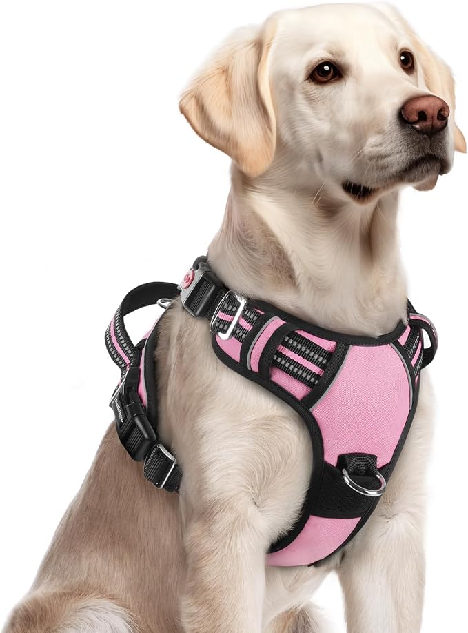 rabbitgoo Dog Harness for Large Dogs, 3 Buckles Easy On & Off No Pull Pet Vest, Soft Padded Walking Pet Harness with Control Handle, Adjustable and Reflective, Light Pink, L