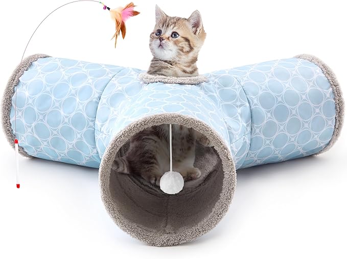 Tempcore Cat Tunnel for Indoor Cats, 3 Way Collapsible Pet Play Tunnel with Teaser Wand, Peek Holes & Hanging Ball, Interactive Tube for Kittens & Rabbits, Geometry Blue