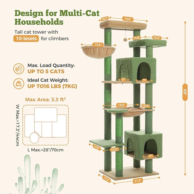 69” Tall Cat Tree for Indoor Cats Large Adult, Multi-Level Cat Tower with Scratching Post, Dual Top Perches, Big Hammock & 2 Spacious Condos, Cat Furniture for Multi-Cat Households, Green