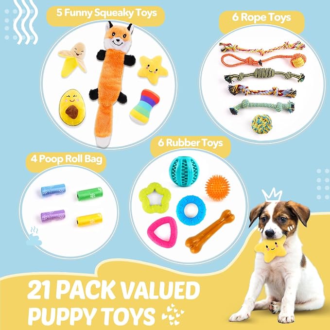 LOYEE Puppy Toys 21 Pack, Small Dog Chew Toys with Rope Toys for Teething Pet Cute Squeak Toy with Treating Ball for Puppy, Small Dogs - 21 Pack
