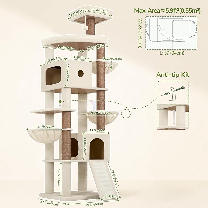 Globlazer 83in Heavy Duty Cat Tree, Giant Cat Tower with 2 Condos & 3 Hanging Baskets, Multi-Level Tall Cat Condo for Large Adult Cats, 7 Scratching Posts, F83C, Beige