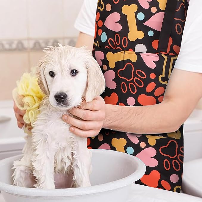 Dog Grooming Waterproof Apron with 2 Pockets, Cute Animals Puppy Dog Pets Apron