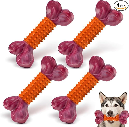 4-Pack Peanut Butter Flavor Dog Toys for Aggressive Chewers, Orange | Heavy Duty Nylon & Rubber, Long Lasting, Keeps Dogs Busy, For Medium & Large Breeds 20-80 lbs