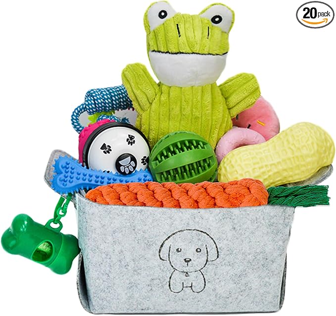 MRSOHRET 20Pcs Puppy Chew Toys for Teething, Dog Chew Toys with Rope Toys, Pet Dog Toothbrush, Treat Balls, Plush Toys and Squeaky Toy for Small Medium Dogs with Basket