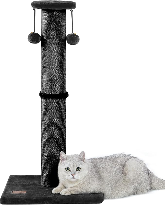 34Inch Tall Cat Scratching Post,4.3Inch Diameter Large Sisal Cat Scratch Post with Ball, Sturdy and Durable Cat Scratcher for Indoor Cats Adults Black