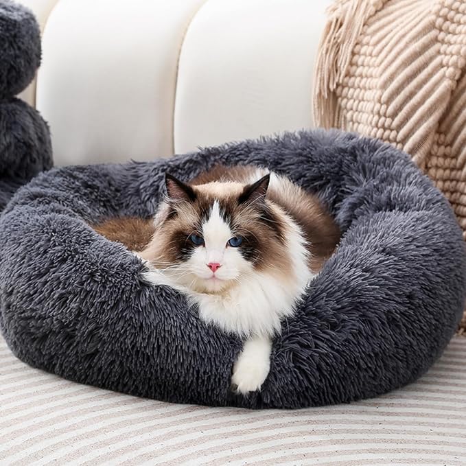 Calming Donut Cat Bed Dog Bed Round Plush Pet Bed Fluffy Rabbit Cave Warm Dog Couch Non Slip Bottom for Pets Furniture Up to 5KG